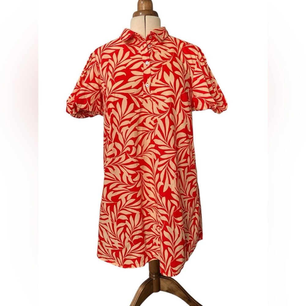 MSK Cotton Dress Size L Puff Sleeves Summer Vacation Tropical Orange